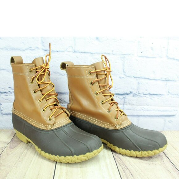 LL Bean Brown Leather 8" Lace Up Round Toe Unlined Ankle Duck Boots Size 9 M - Picture 3 of 10